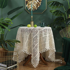 Vintage Crochet Table Cover Beige Square Tassel Lace Doily