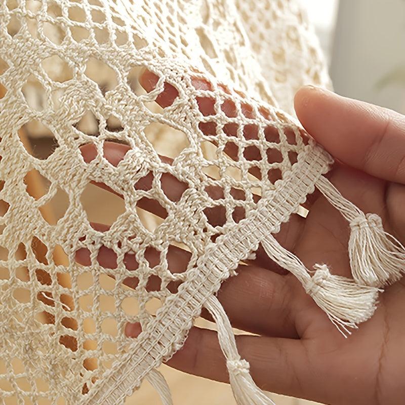 Vintage Crochet Table Cover Beige Square Tassel Lace Doily