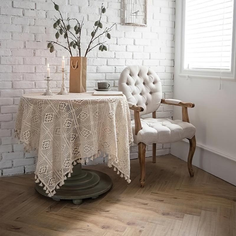 Vintage Crochet Table Cover Beige Square Tassel Lace Doily