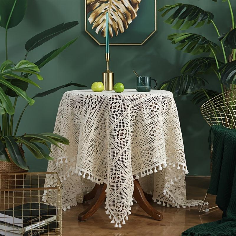 Vintage Crochet Table Cover Beige Square Tassel Lace Doily