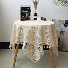Vintage Crochet Table Cover Beige Square Tassel Lace Doily