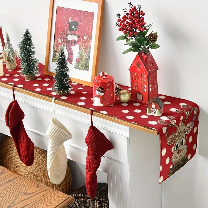 Cartoon Reindeer Table Runner Red Christmas Seasonal Winter Holiday Kitchen Deco