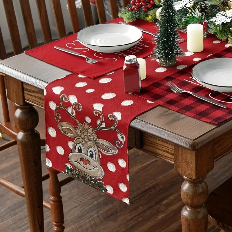 Cartoon Reindeer Table Runner Red Christmas Seasonal Winter Holiday Kitchen Deco
