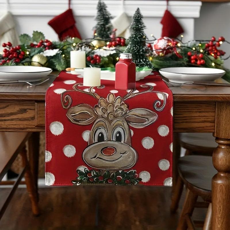 Cartoon Reindeer Table Runner Red Christmas Seasonal Winter Holiday Kitchen Deco