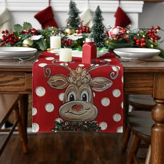 Cartoon Reindeer Table Runner Red Christmas Seasonal Winter Holiday Kitchen Deco
