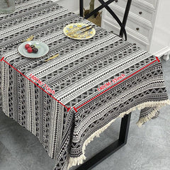 Boho Yarn Dyed Tablecloth Ethnic Style Tassel Cover for Home Decor