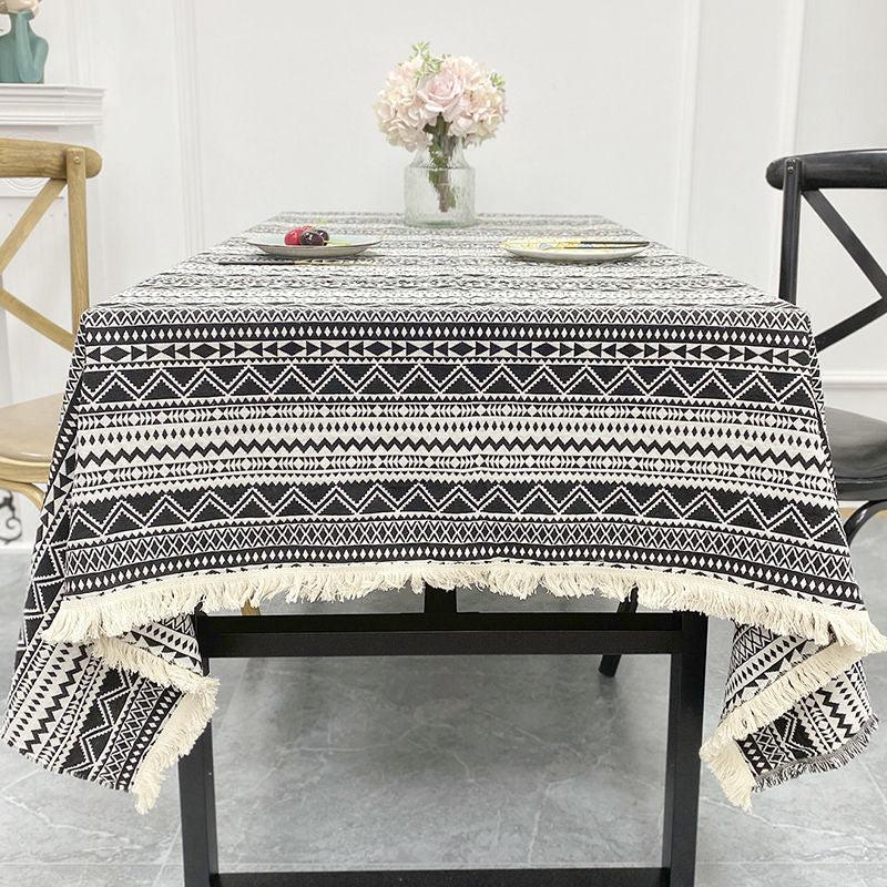 Boho Yarn Dyed Tablecloth Ethnic Style Tassel Cover for Home Decor