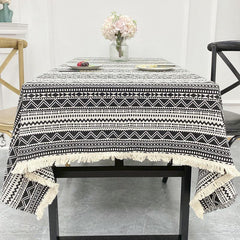 Boho Yarn Dyed Tablecloth Ethnic Style Tassel Cover for Home Decor