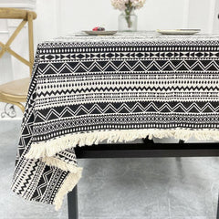Boho Yarn Dyed Tablecloth Ethnic Style Tassel Cover for Home Decor
