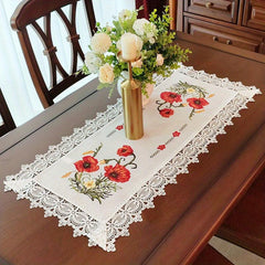 Polyester Table Runner with Colorful Embroidery Flowers Lace Fringe