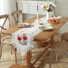 Polyester Table Runner with Colorful Embroidery Flowers Lace Fringe