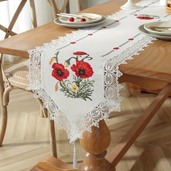 Polyester Table Runner with Colorful Embroidery Flowers Lace Fringe