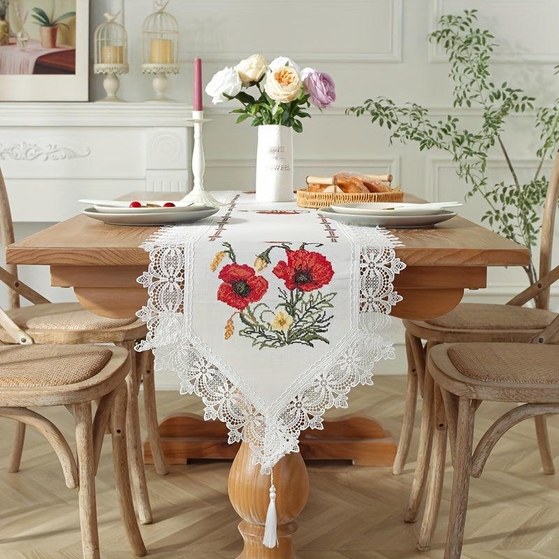 Polyester Table Runner with Colorful Embroidery Flowers Lace Fringe