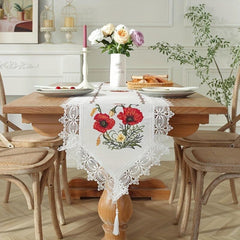 Polyester Table Runner with Colorful Embroidery Flowers Lace Fringe