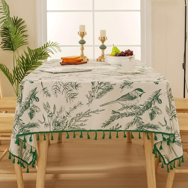 Bohemian Green Tablecloth With Tassels Retro Tree Branch And Bird Print
