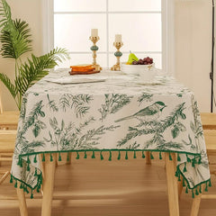Bohemian Green Tablecloth With Tassels Retro Tree Branch And Bird Print