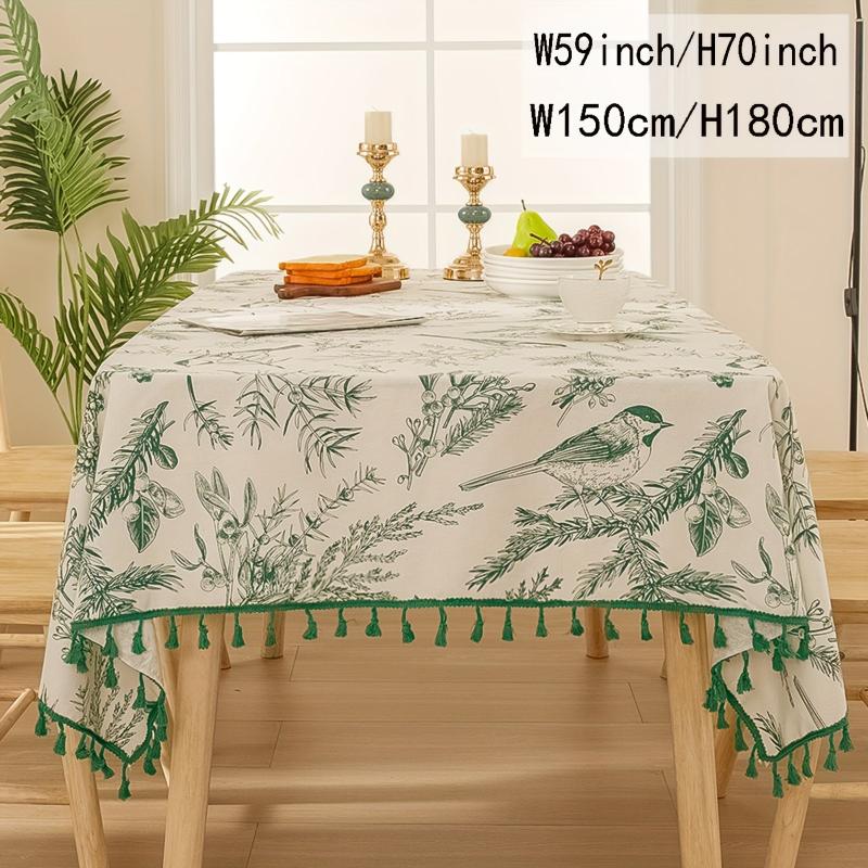 Bohemian Green Tablecloth With Tassels Retro Tree Branch And Bird Print