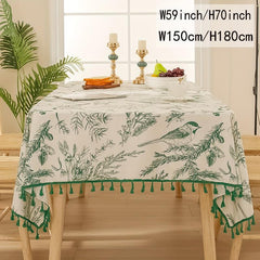 Bohemian Green Tablecloth With Tassels Retro Tree Branch And Bird Print