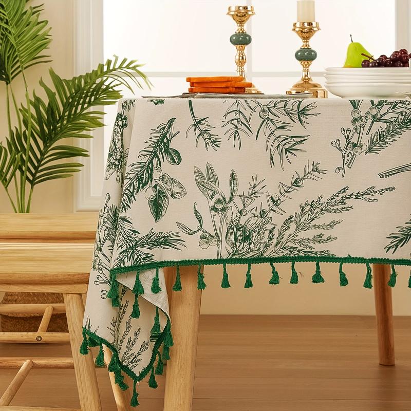 Bohemian Green Tablecloth With Tassels Retro Tree Branch And Bird Print