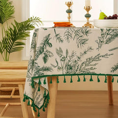 Bohemian Green Tablecloth With Tassels Retro Tree Branch And Bird Print