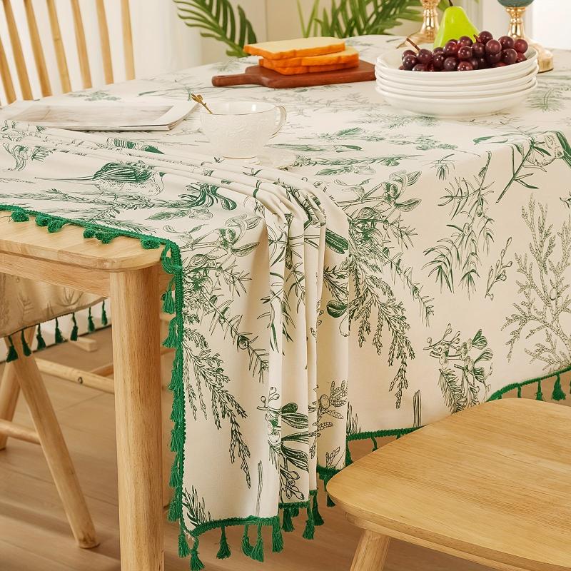 Bohemian Green Tablecloth With Tassels Retro Tree Branch And Bird Print