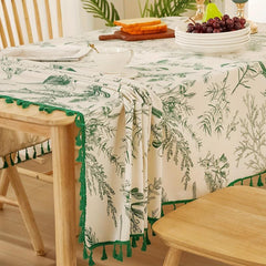 Bohemian Green Tablecloth With Tassels Retro Tree Branch And Bird Print