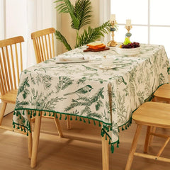 Bohemian Green Tablecloth With Tassels Retro Tree Branch And Bird Print