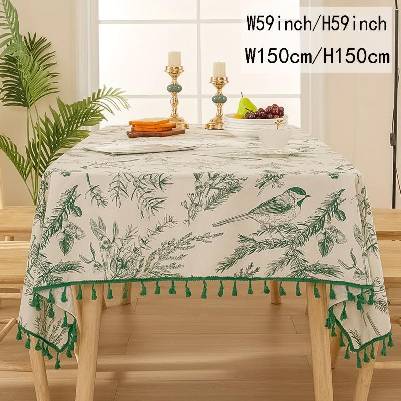 Bohemian Green Tablecloth With Tassels Retro Tree Branch And Bird Print
