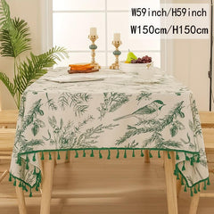Bohemian Green Tablecloth With Tassels Retro Tree Branch And Bird Print