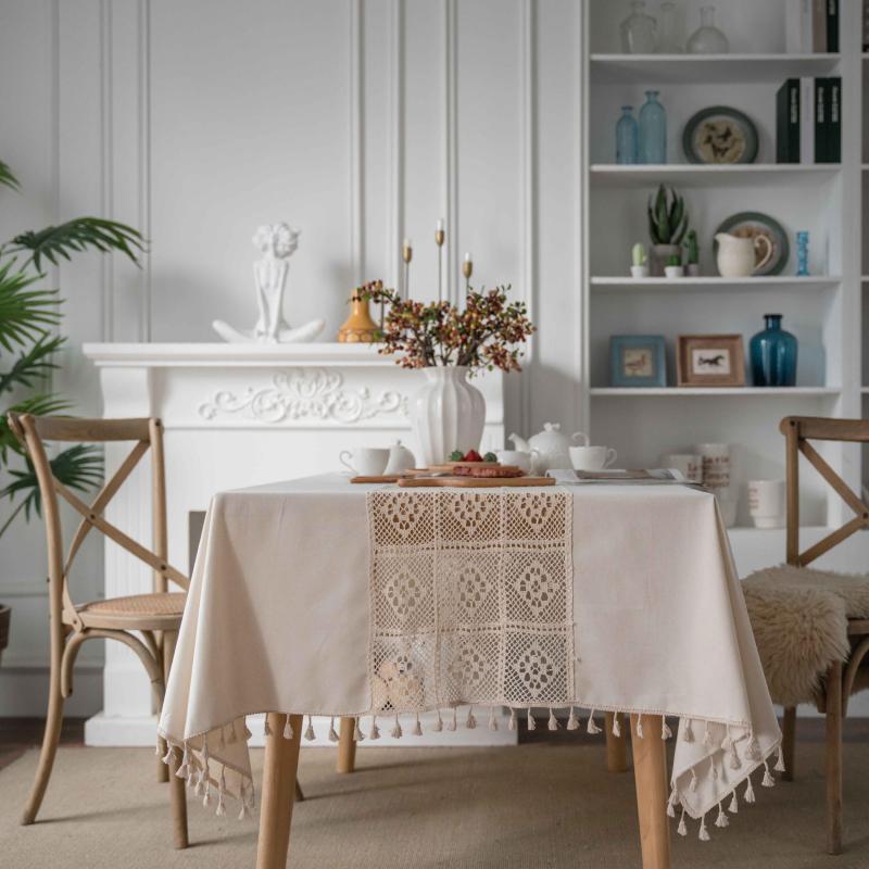 Polyester Beige Tablecloth Solid Dustproof Farmhouse Rectangular Decor