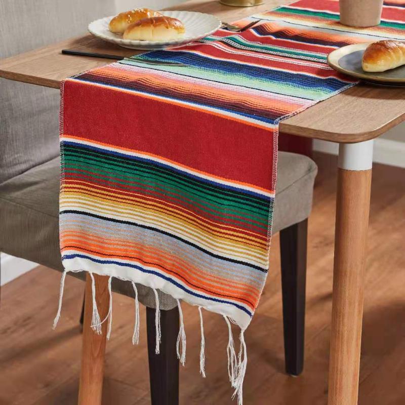 Mexican Style Striped Pattern Fringe Trim Table Runner