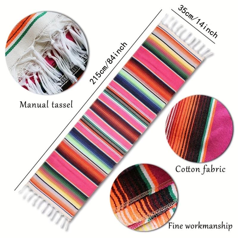 Mexican Style Striped Pattern Fringe Trim Table Runner