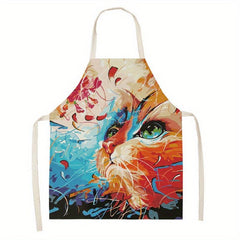 Sleeveless Linen Apron with Cat Pattern for Women