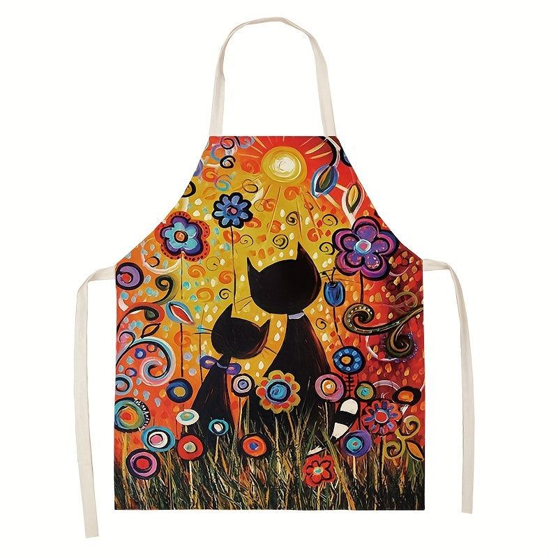 Sleeveless Linen Apron with Cat Pattern for Women