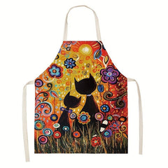 Sleeveless Linen Apron with Cat Pattern for Women