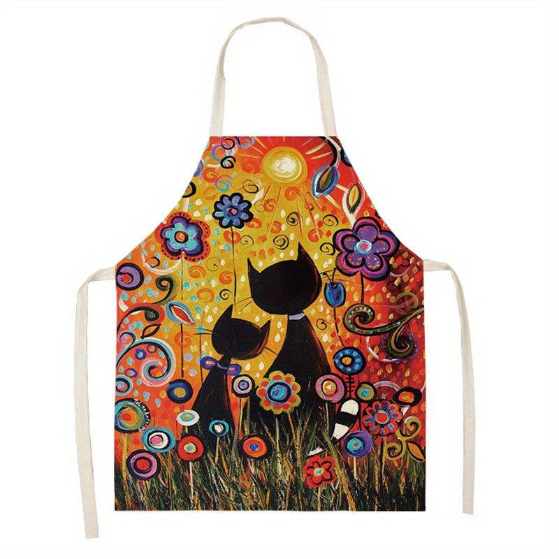 Sleeveless Linen Apron with Cat Pattern for Women
