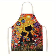 Sleeveless Linen Apron with Cat Pattern for Women