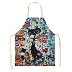 Sleeveless Linen Apron with Cat Pattern for Women