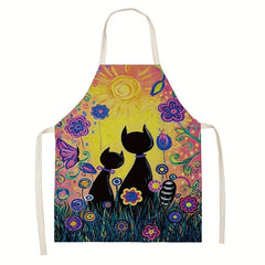 Sleeveless Linen Apron with Cat Pattern for Women