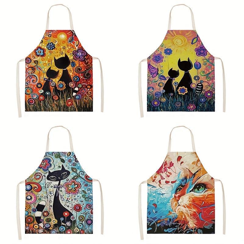 Sleeveless Linen Apron with Cat Pattern for Women