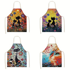 Sleeveless Linen Apron with Cat Pattern for Women