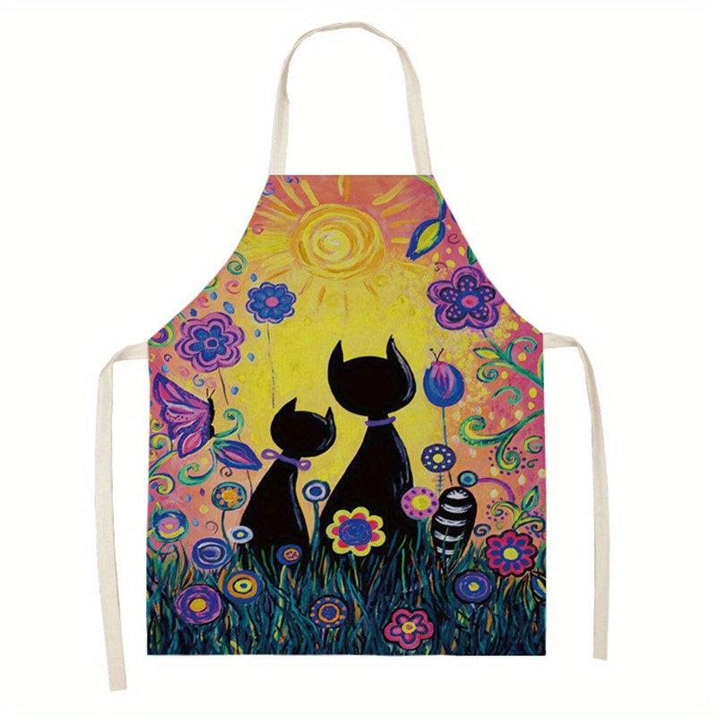 Sleeveless Linen Apron with Cat Pattern for Women