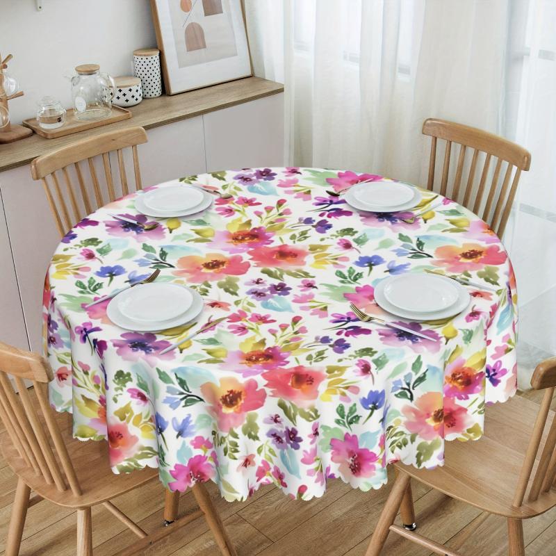 Floral Round Tablecloth Colorful Flower Table Cover Stain Wrinkle Resistant