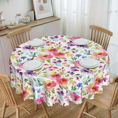 Floral Round Tablecloth Colorful Flower Table Cover Stain Wrinkle Resistant
