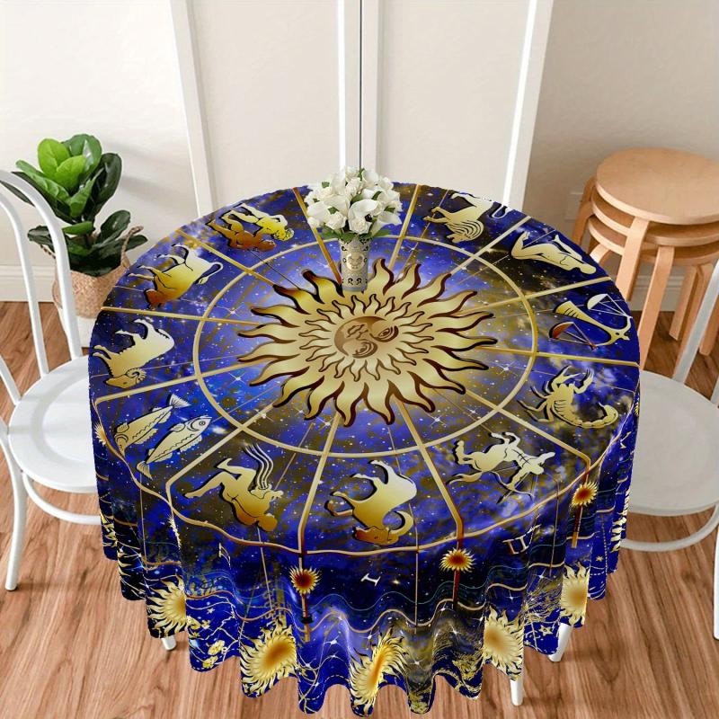 Boho Round Tablecloth 63 Inch Zodiac Patterns - Stain Resistant & Absorbent