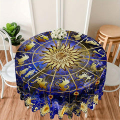 Boho Round Tablecloth 63 Inch Zodiac Patterns - Stain Resistant & Absorbent