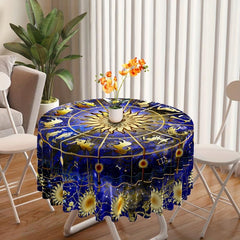 Boho Round Tablecloth 63 Inch Zodiac Patterns - Stain Resistant & Absorbent