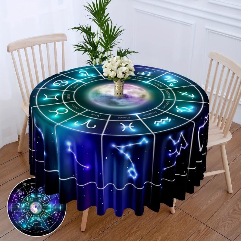 Boho Round Tablecloth 63 Inch Zodiac Patterns - Stain Resistant & Absorbent