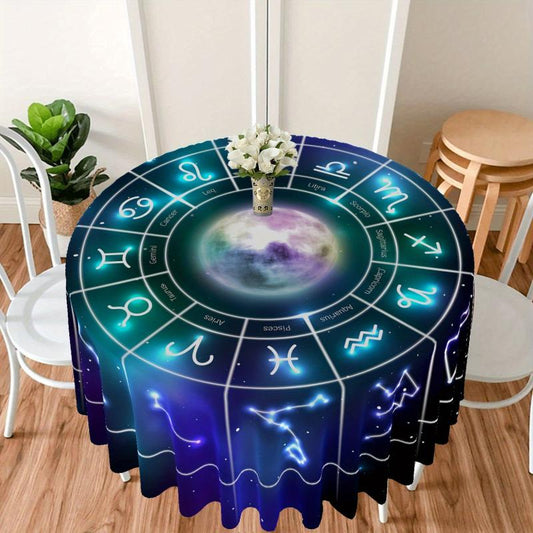 Boho Round Tablecloth 63 Inch Zodiac Patterns - Stain Resistant & Absorbent