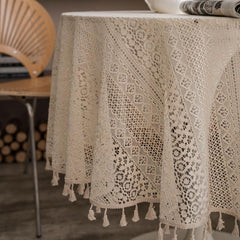 Beige Round Lace Tablecloth Tassels Romantic Crochet Cover Scarf Openwork Mat
